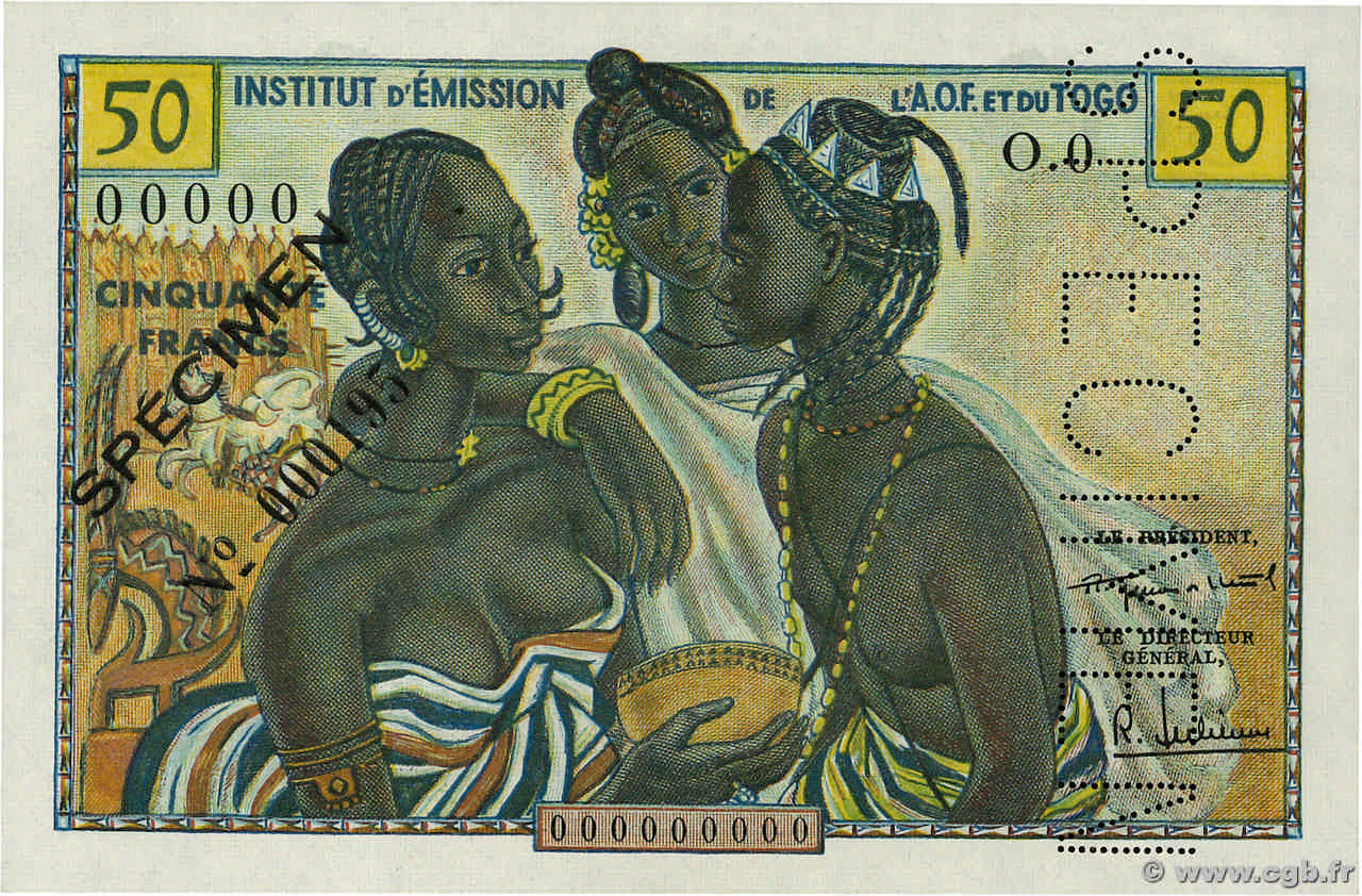 50 Francs Spécimen FRENCH WEST AFRICA  1956 P.45s FDC