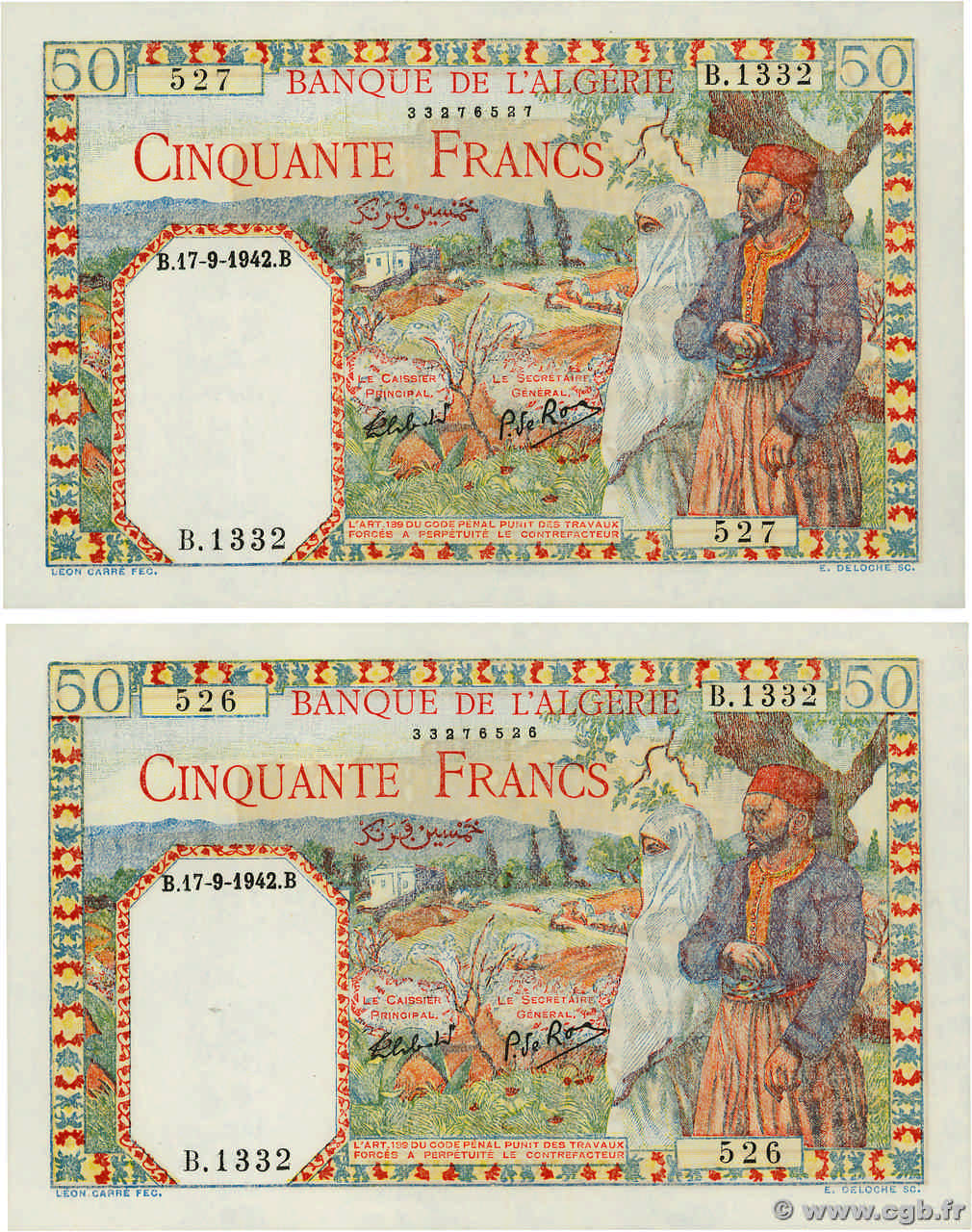 50 Francs Consécutifs ALGERIEN  1942 P.087 fST+