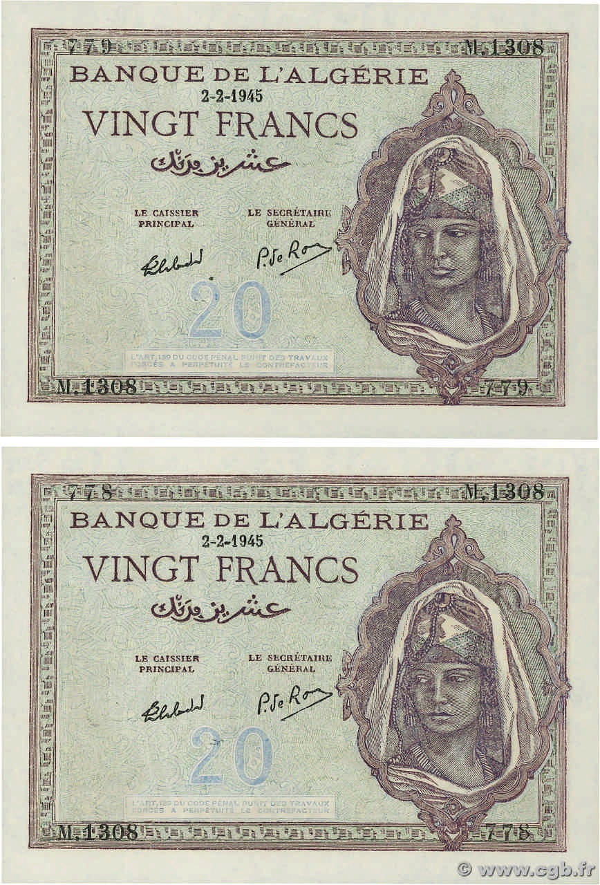 20 Francs Consécutifs ARGELIA  1945 P.092b FDC