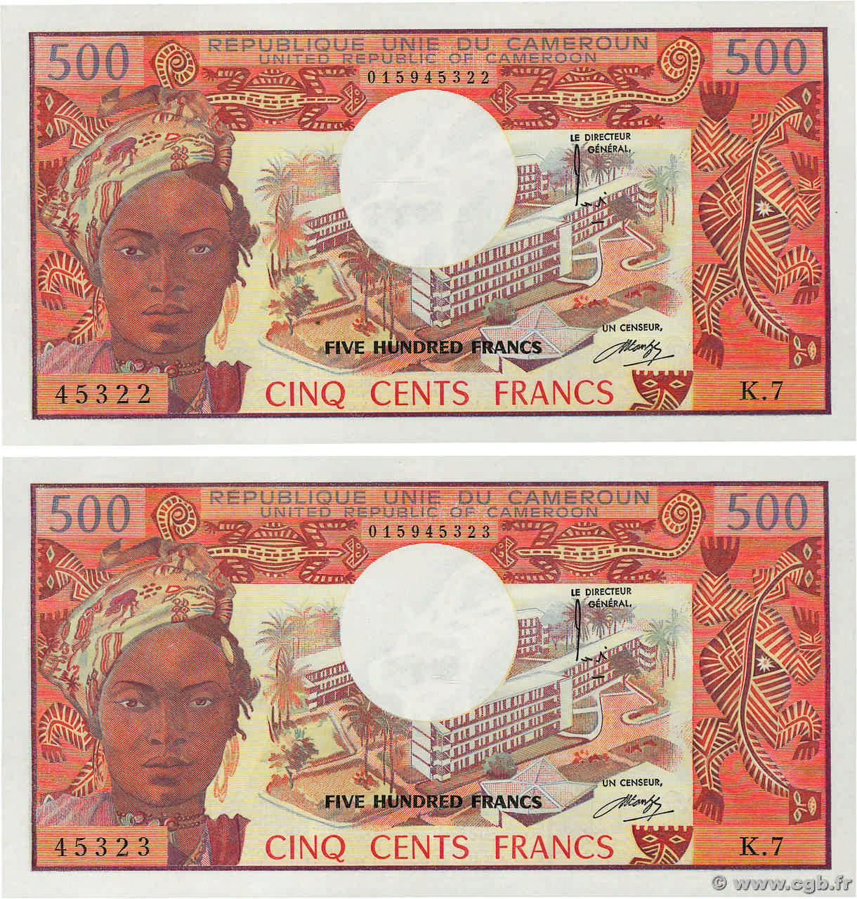 500 Francs Consécutifs CAMEROUN  1974 P.15b NEUF