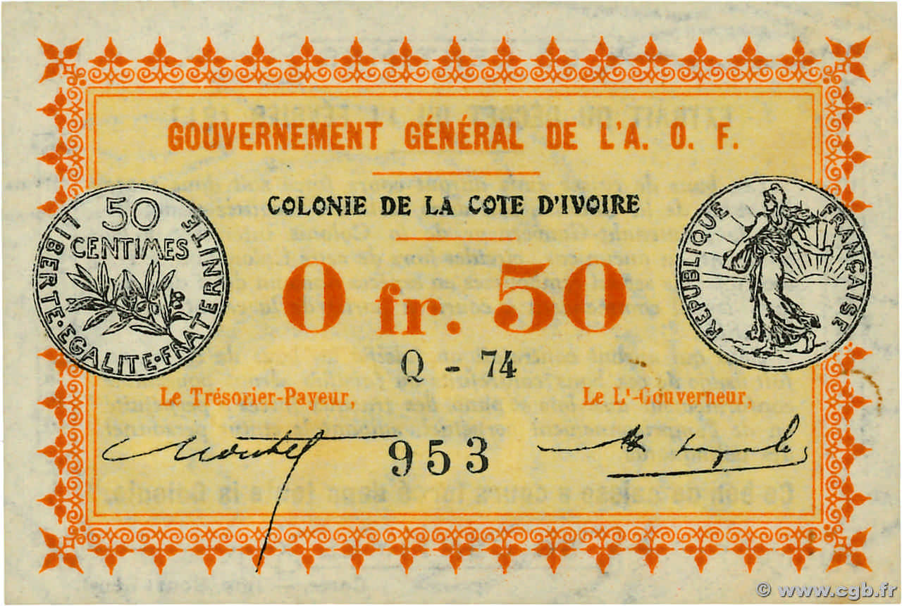 50 Centimes COTE D IVOIRE  1917 P.01b pr.NEUF