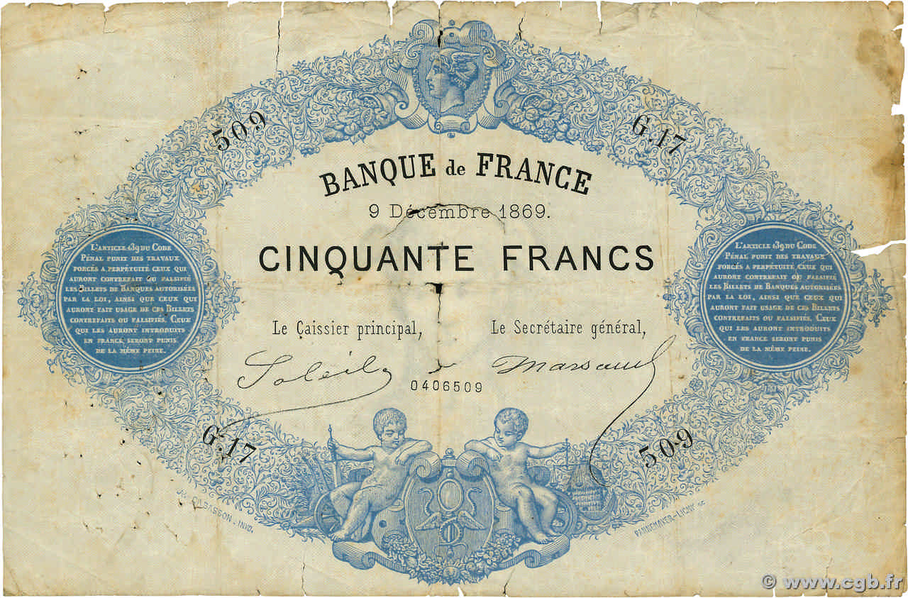 50 Francs type 1868 - Bleu à indices Noirs FRANCE  1869 F.A38.02 B