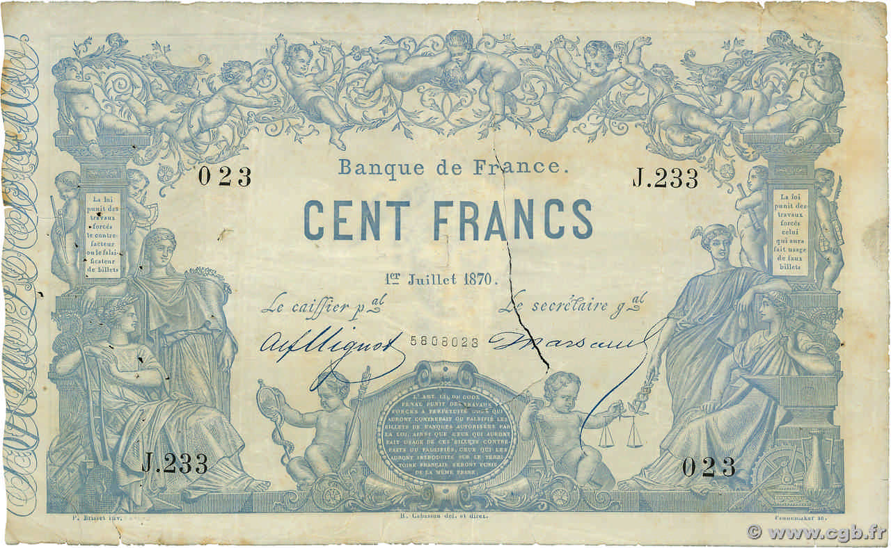 100 Francs type 1862 - Bleu à indices Noirs FRANCIA  1870 F.A39.06 q.MB