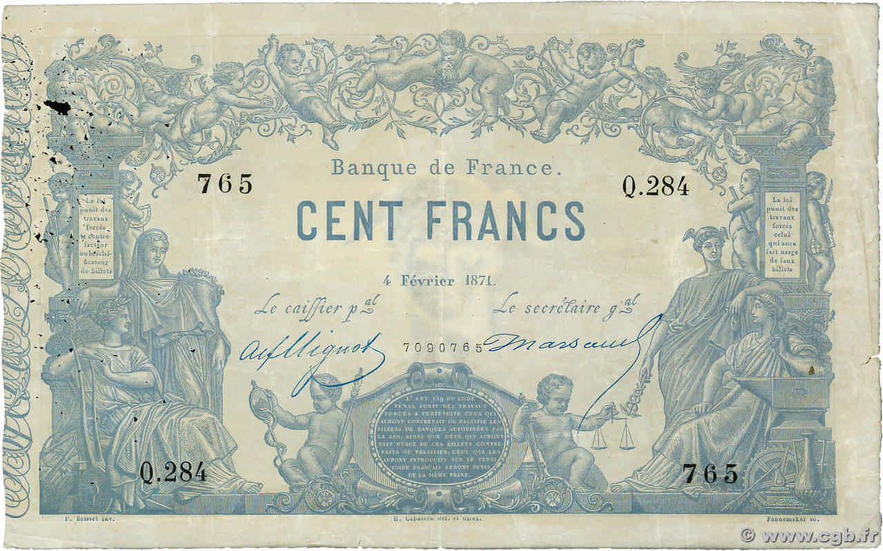 100 Francs type 1862 - Bleu à indices Noirs FRANCE  1871 F.A39.07 TB+