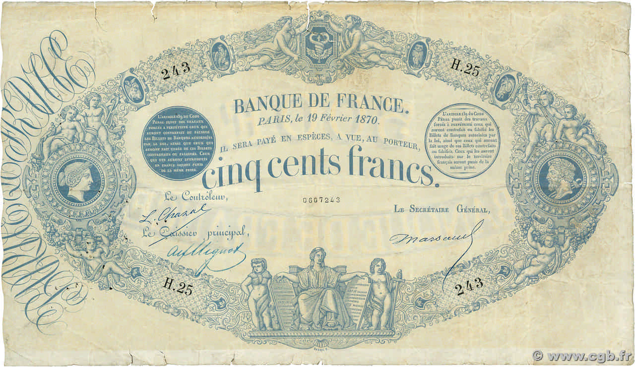 500 Francs type 1863 - Bleu à indices Noirs FRANCE  1870 F.A40.03 B+