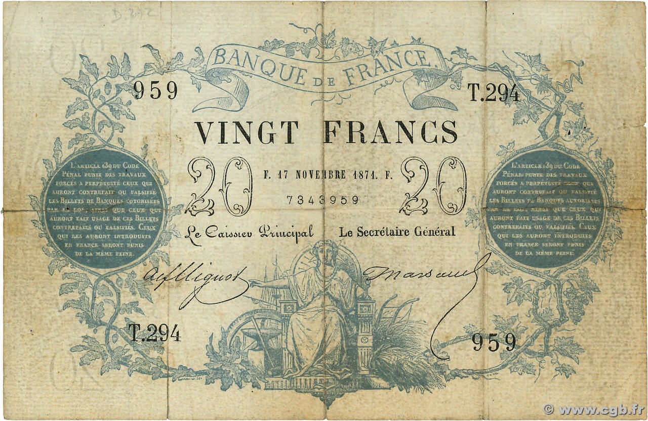 20 Francs type 1871 - Bleu FRANKREICH  1871 F.A46.02 S