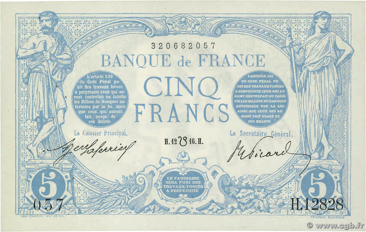 5 Francs BLEU lion inversé FRANKREICH  1916 F.02bis.04 VZ+