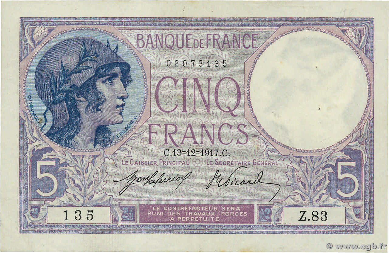 5 Francs FEMME CASQUÉE FRANCIA  1917 F.03.01 q.SPL