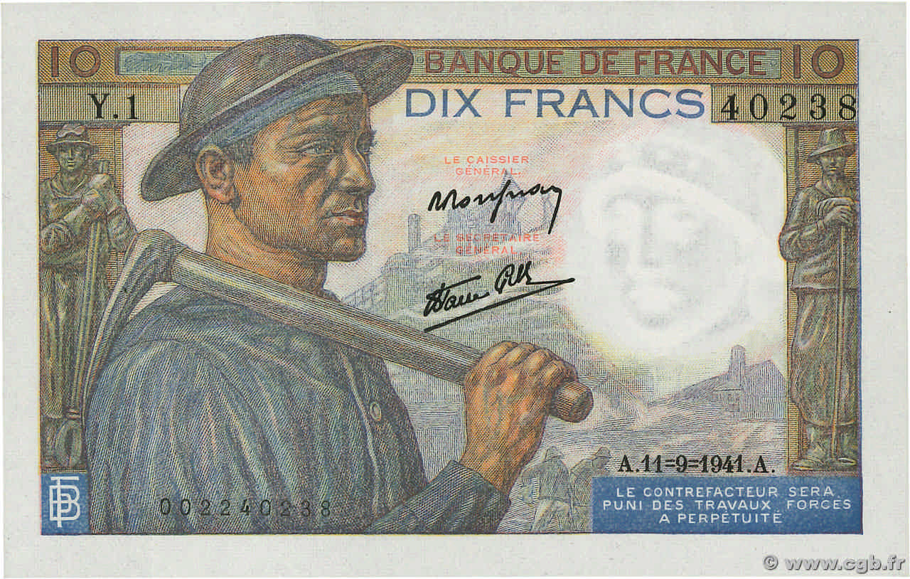 10 Francs MINEUR FRANKREICH  1941 F.08.01 ST