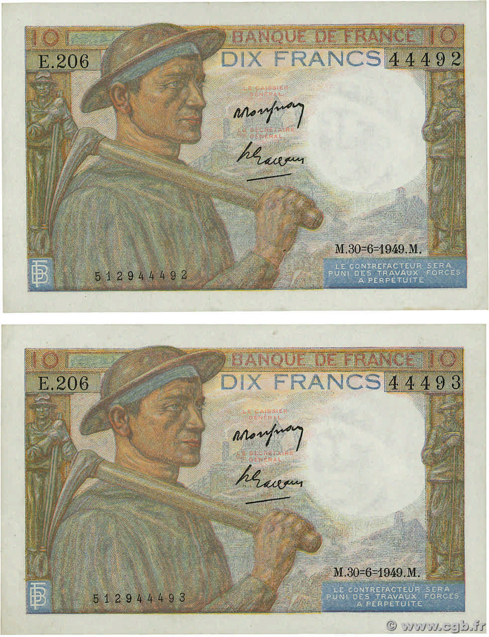 10 Francs MINEUR Consécutifs FRANCIA  1949 F.08.22a AU+