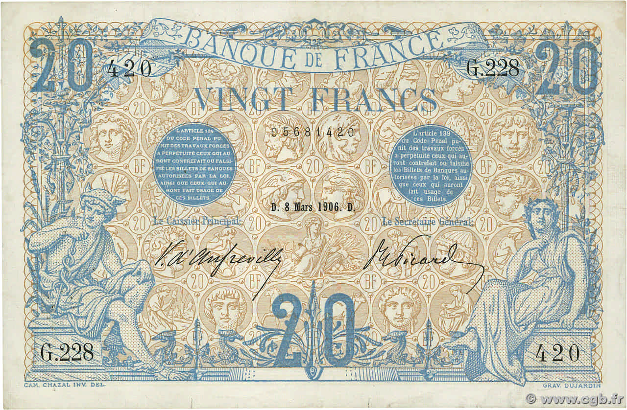 20 Francs BLEU FRANCIA  1906 F.10.01 BB