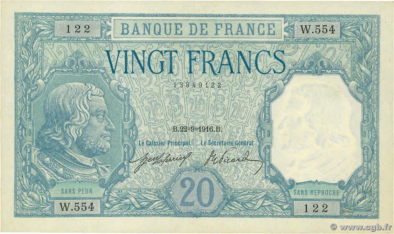 20 Francs BAYARD FRANKREICH  1916 F.11.01 VZ+