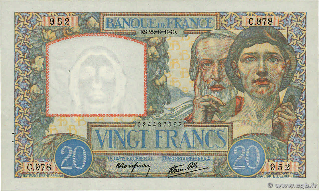 20 Francs TRAVAIL ET SCIENCE FRANCE  1940 F.12.06 XF+