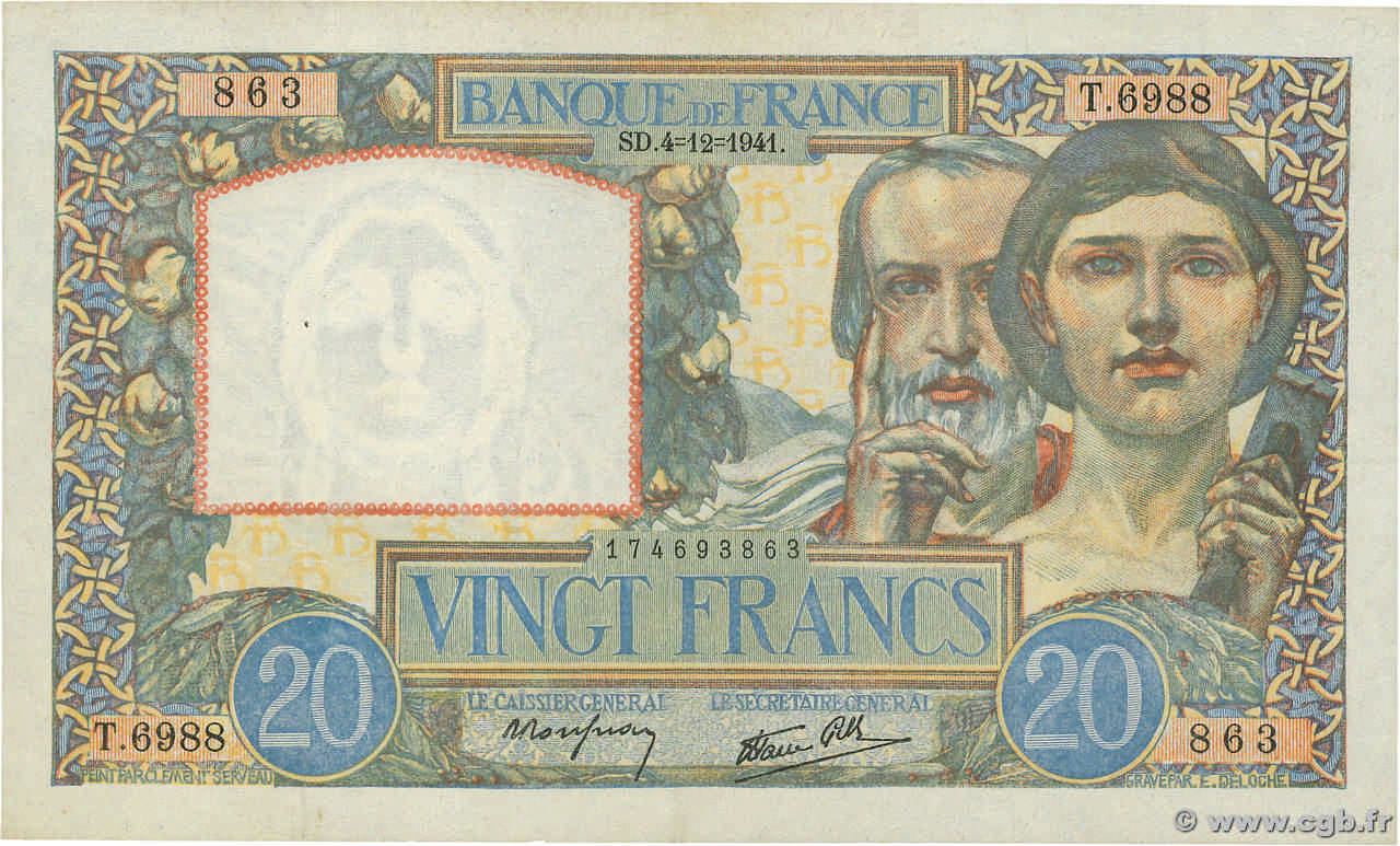 20 Francs TRAVAIL ET SCIENCE FRANCE  1941 F.12.20 XF+