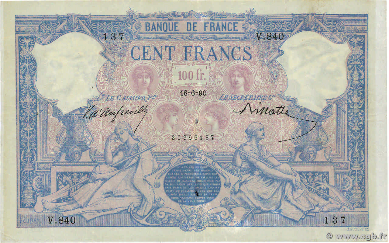100 Francs BLEU ET ROSE FRANCE  1890 F.21.03 TB+