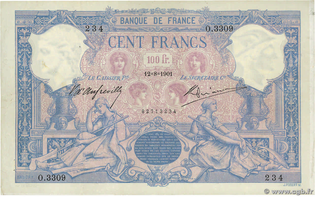 100 Francs BLEU ET ROSE FRANCE  1901 F.21.15 VF+