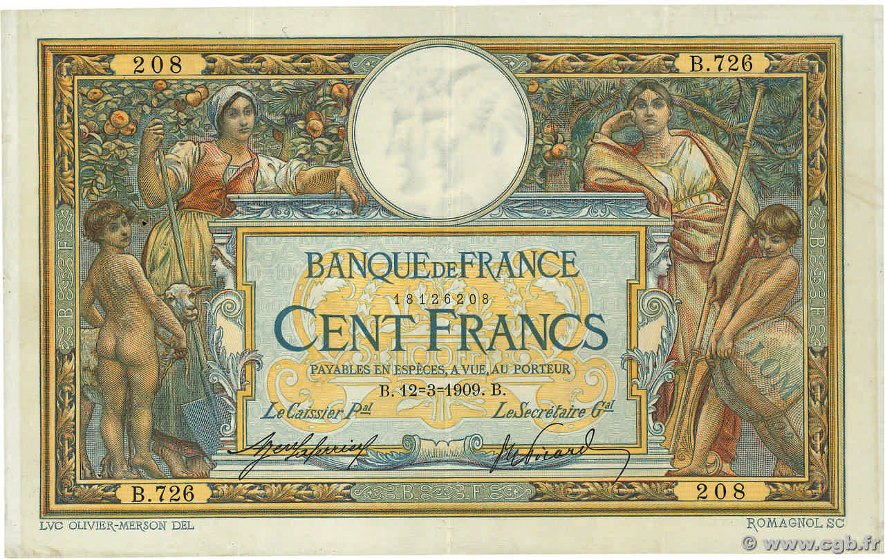 100 Francs LUC OLIVIER MERSON avec LOM FRANCIA  1909 F.22.02 BB