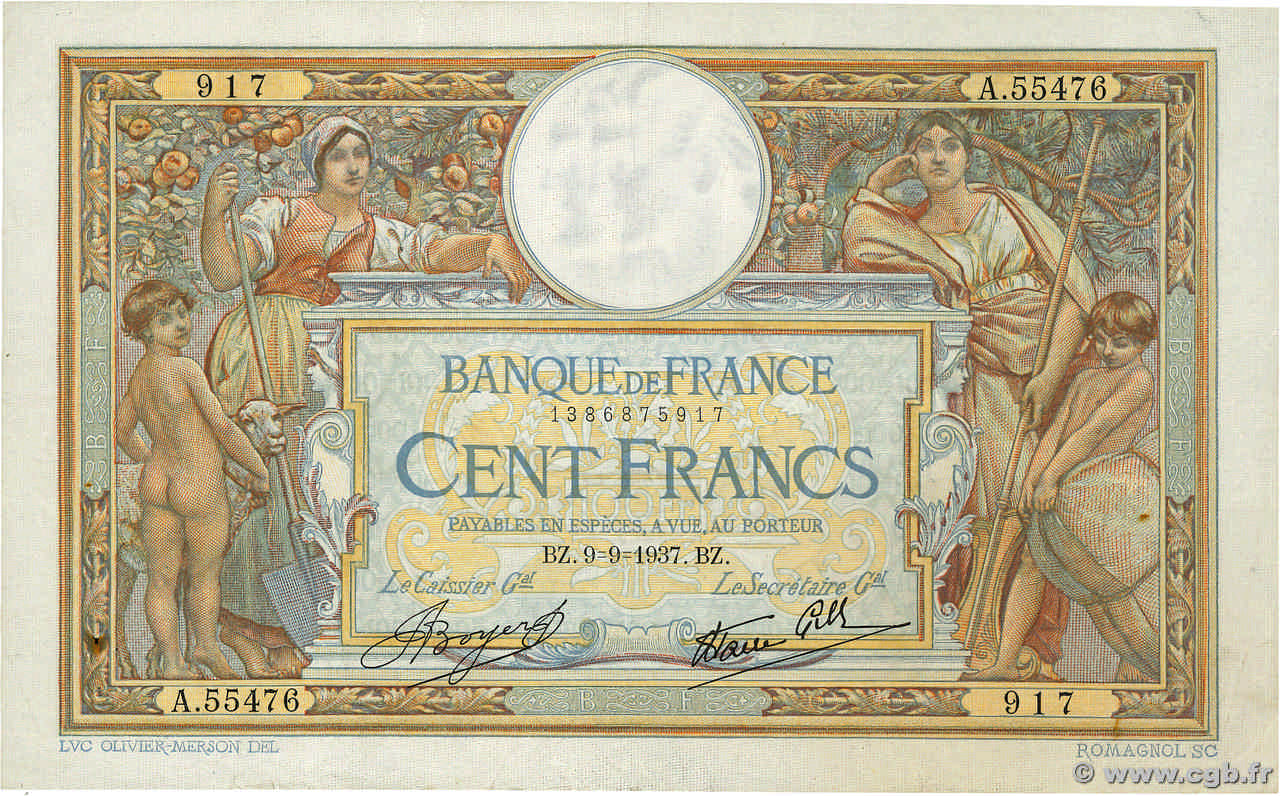 100 Francs LUC OLIVIER MERSON type modifié FRANCIA  1937 F.25.01 BB
