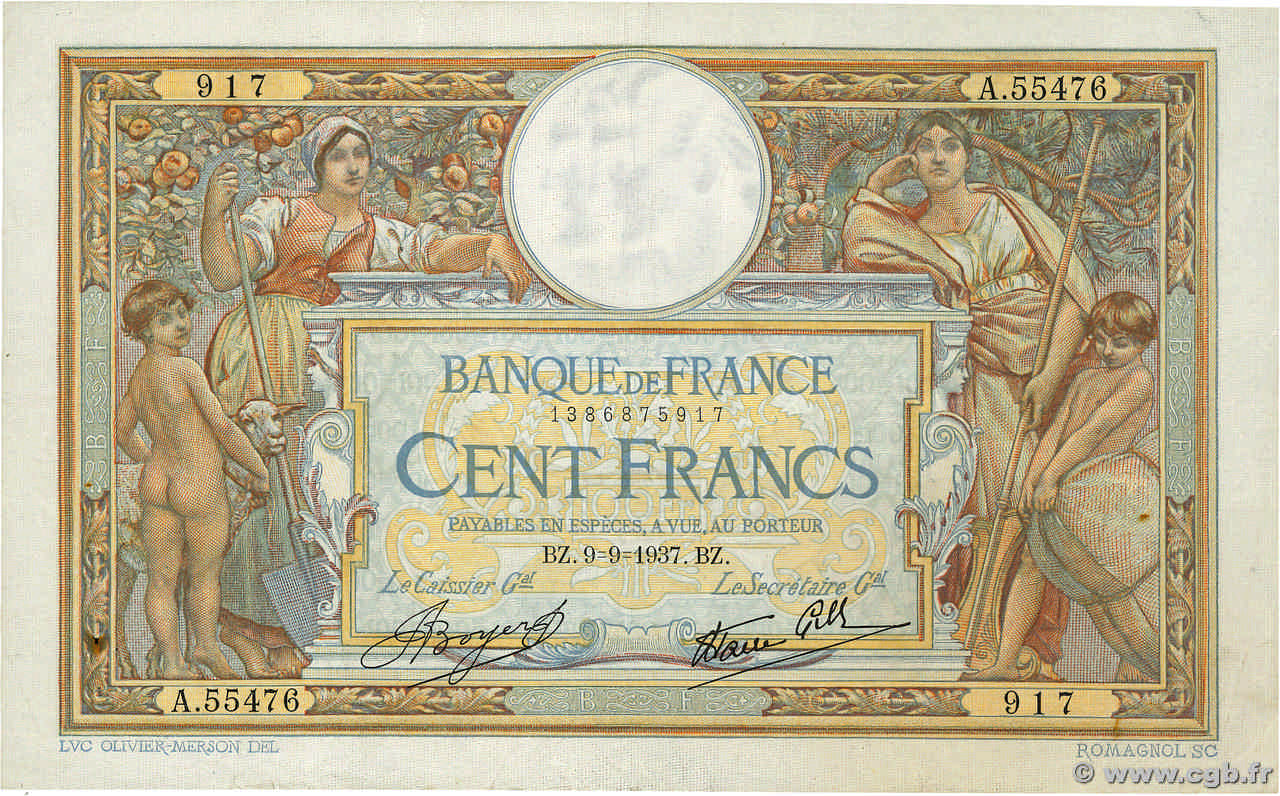 100 Francs LUC OLIVIER MERSON type modifié FRANCE  1937 F.25.01 TTB