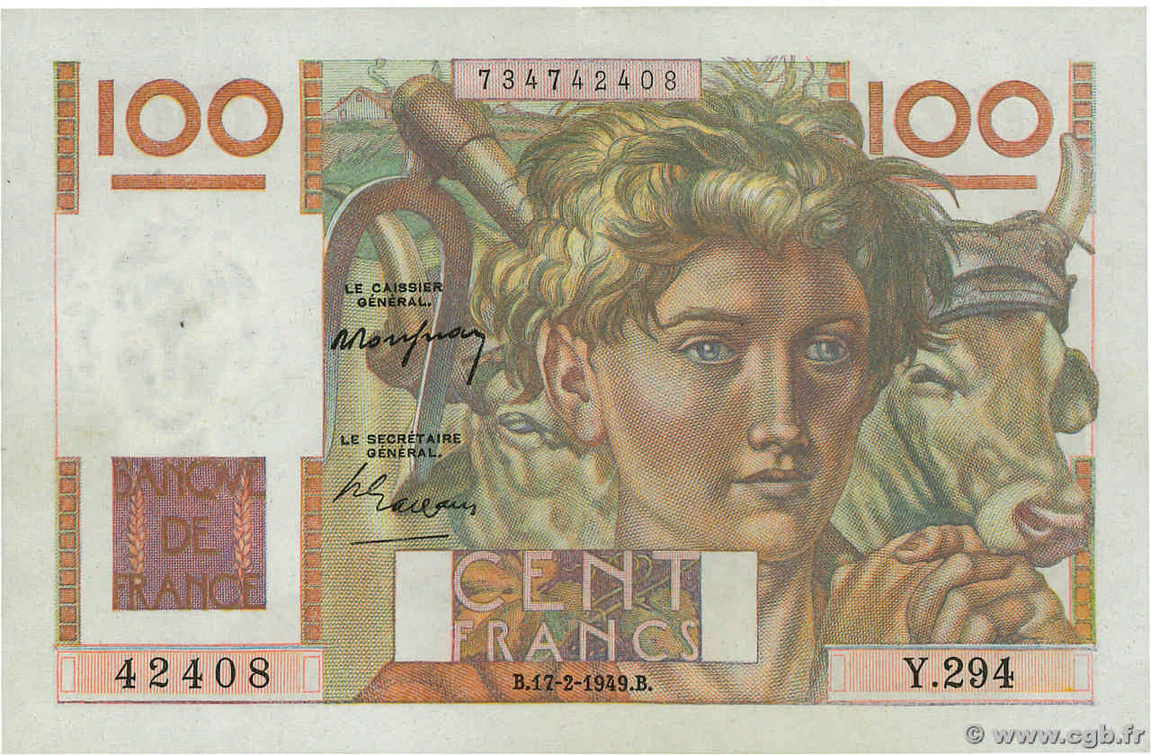 100 Francs JEUNE PAYSAN FRANCE  1949 F.28.22 AU+