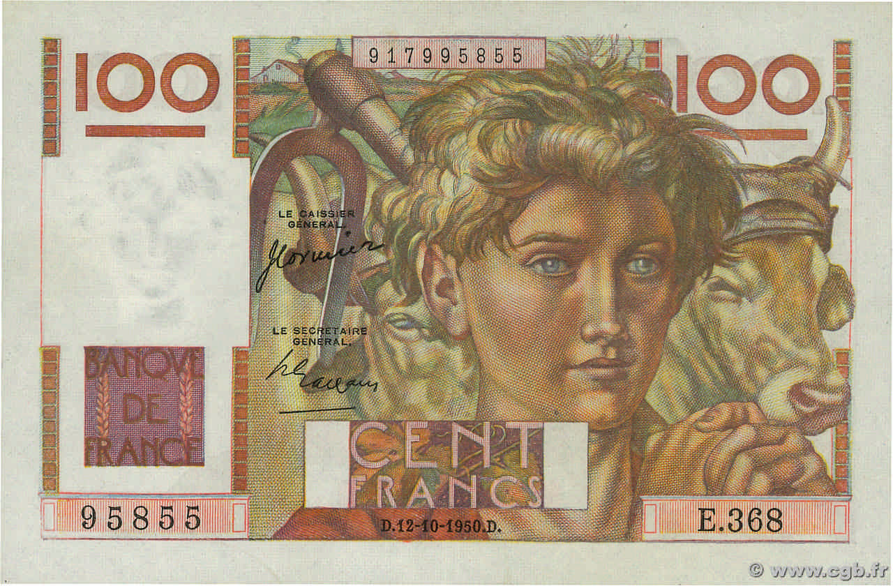 100 Francs JEUNE PAYSAN FRANKREICH  1950 F.28.27 VZ+
