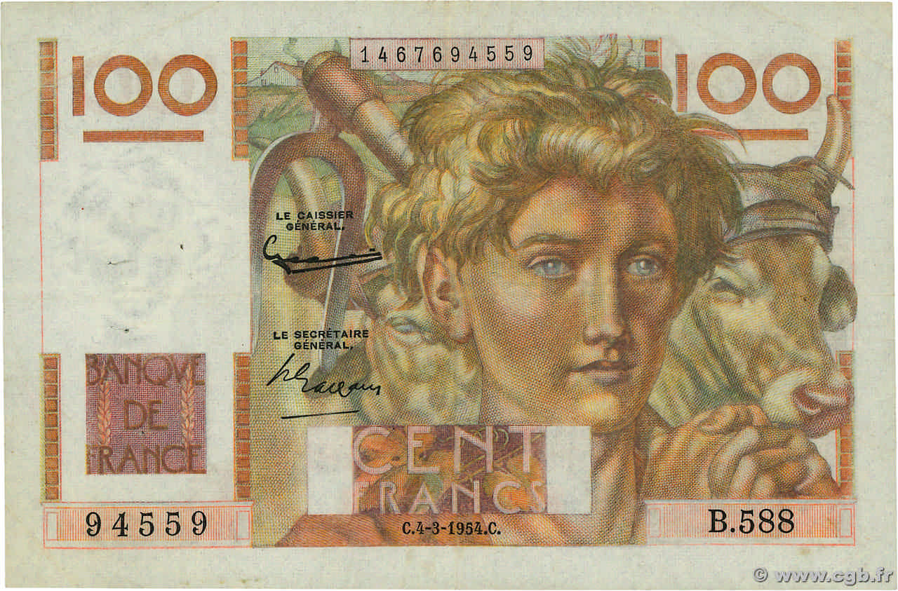 100 Francs JEUNE PAYSAN filigrane inversé FRANCIA  1954 F.28bis.05 MBC
