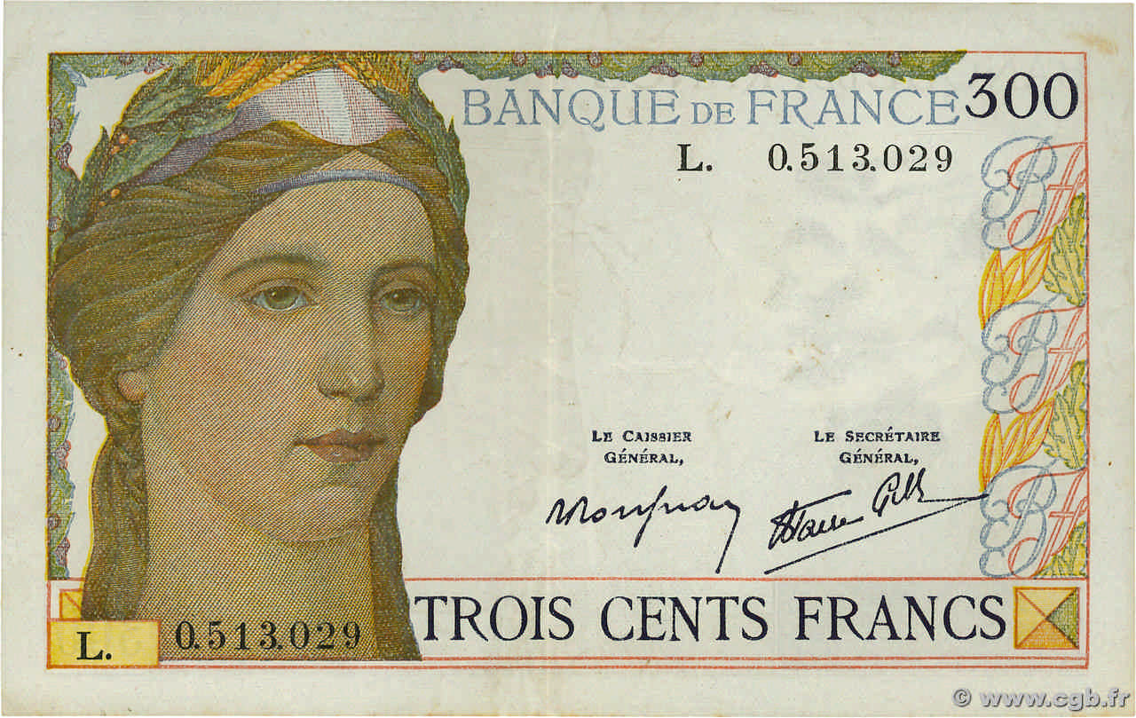 300 Francs FRANCE  1938 F.29.01b VF