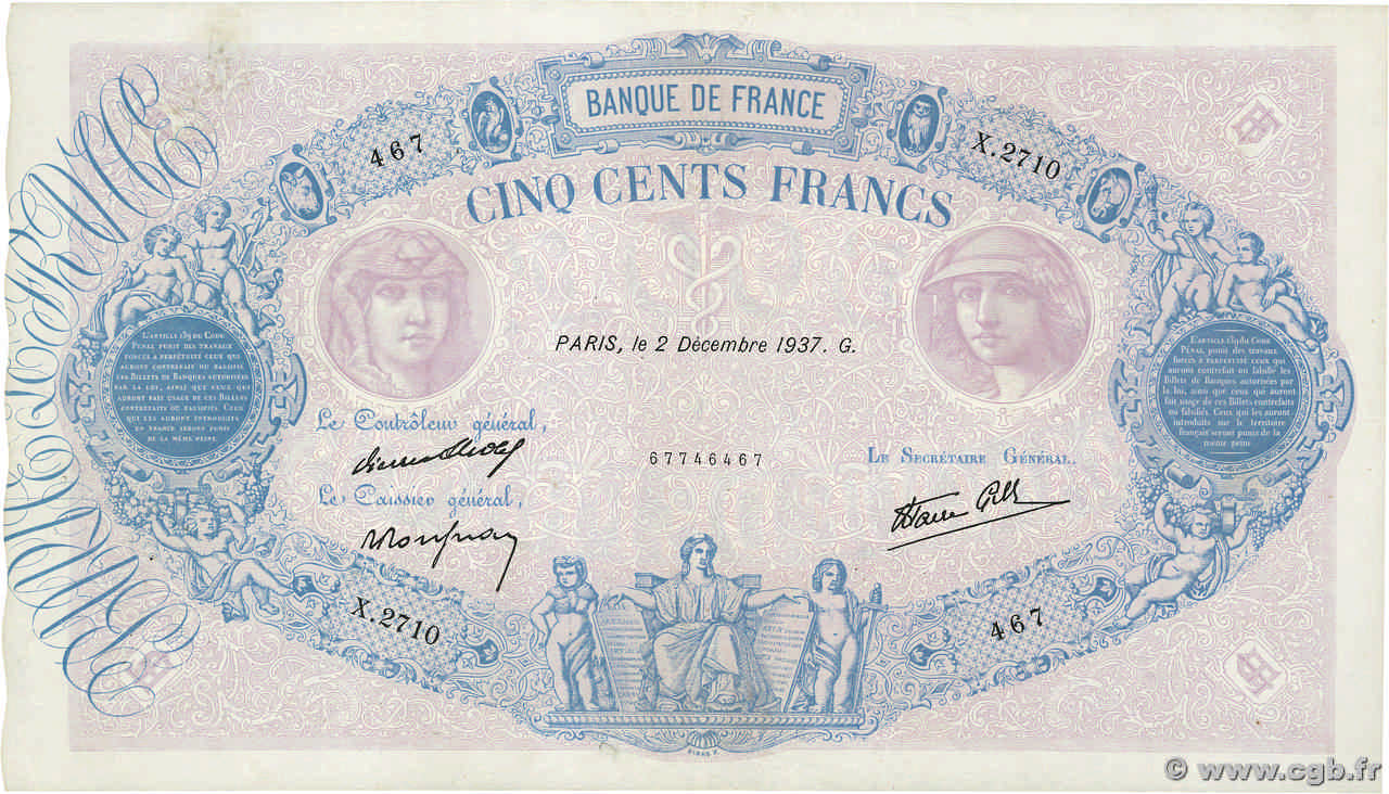 500 Francs BLEU ET ROSE modifié FRANKREICH  1937 F.31.04 fVZ