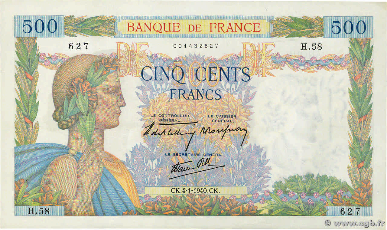 500 Francs LA PAIX FRANCIA  1940 F.32.01 AU