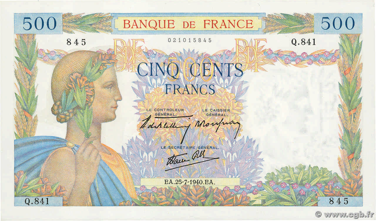 500 Francs LA PAIX FRANCE  1940 F.32.05 UNC-
