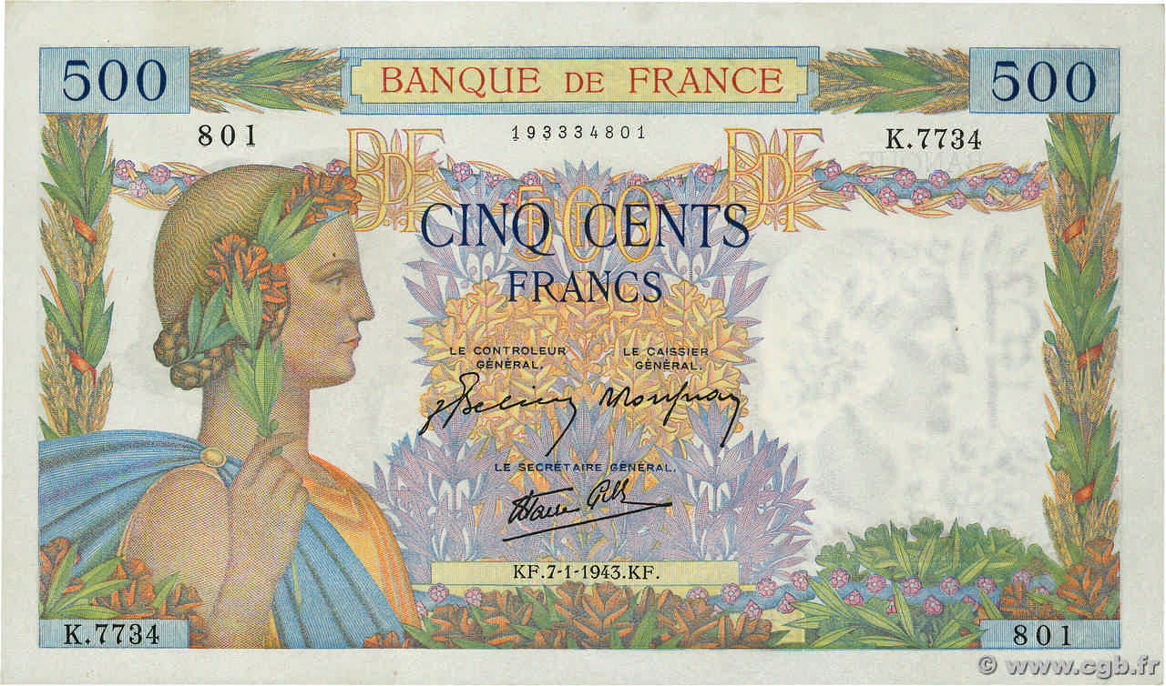 500 Francs LA PAIX FRANKREICH  1943 F.32.44 fST+