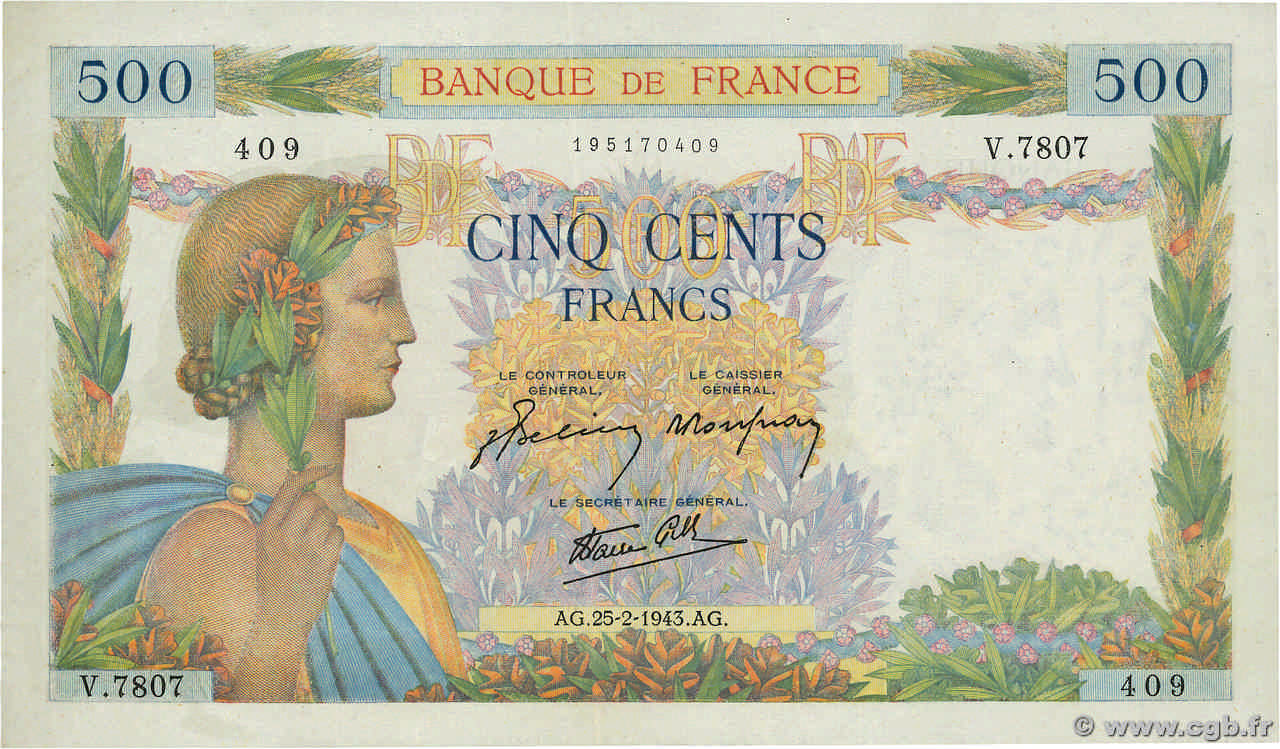 500 Francs LA PAIX FRANCIA  1943 F.32.45 EBC+