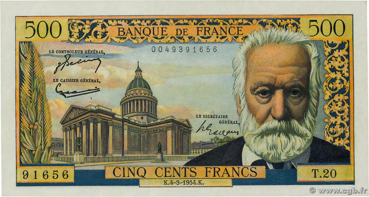 500 Francs VICTOR HUGO FRANCE  1954 F.35.02 AU
