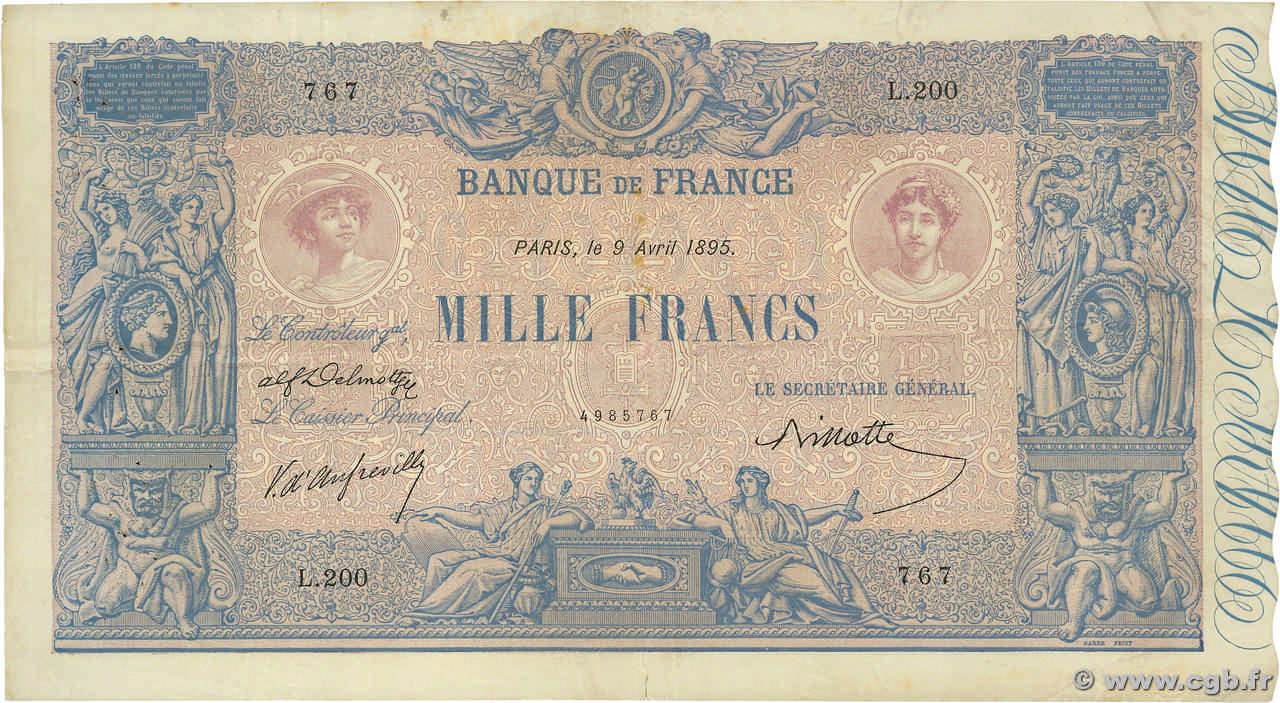 1000 Francs BLEU ET ROSE FRANCE  1895 F.36.07 pr.TTB