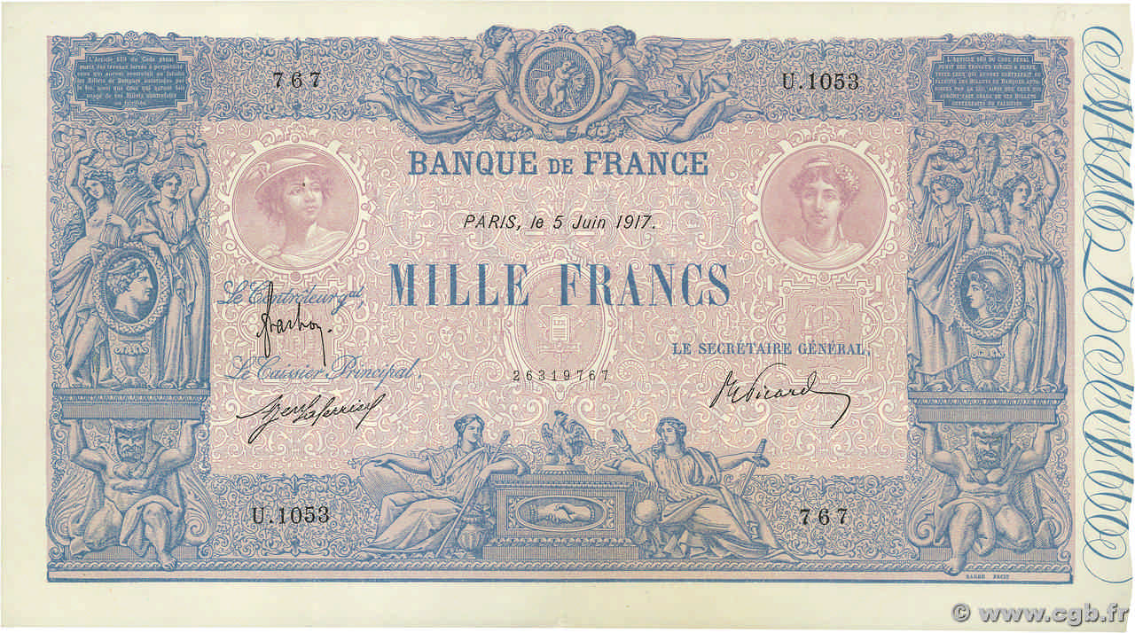 1000 Francs BLEU ET ROSE FRANCE  1917 F.36.31 SUP+