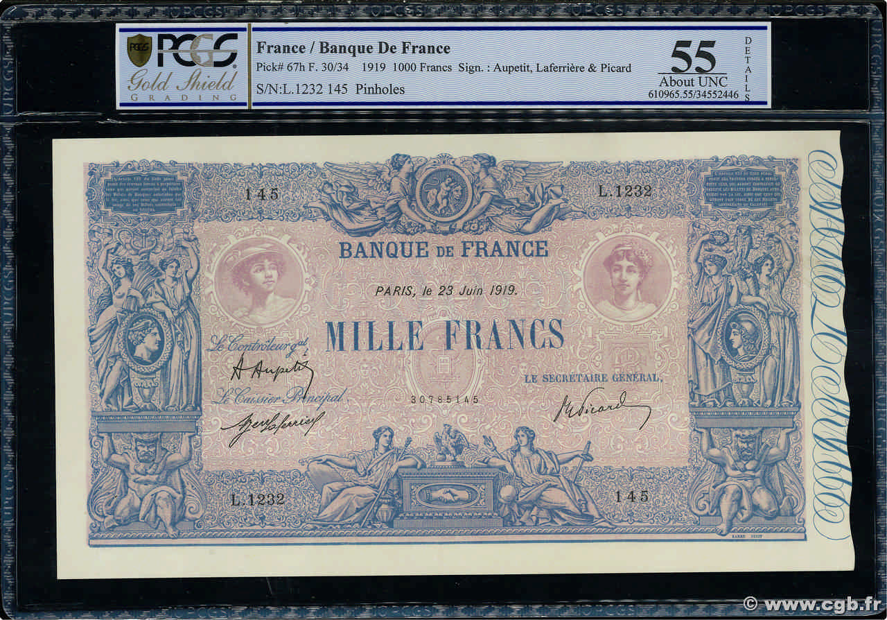 1000 Francs BLEU ET ROSE FRANCIA  1919 F.36.34 AU