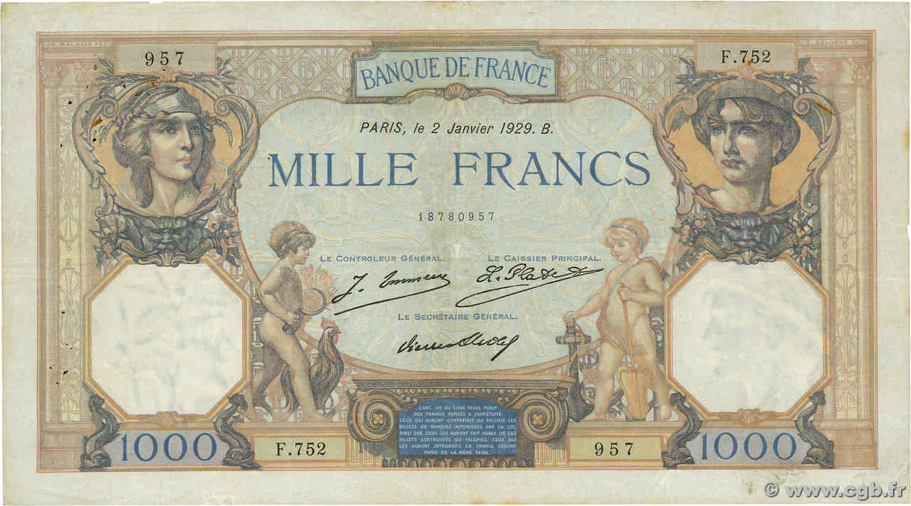 1000 Francs CÉRÈS ET MERCURE FRANCIA  1929 F.37.03 BC