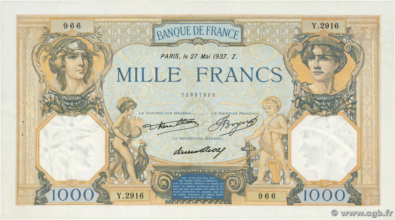 1000 Francs CÉRÈS ET MERCURE FRANCE  1937 F.37.10 SPL