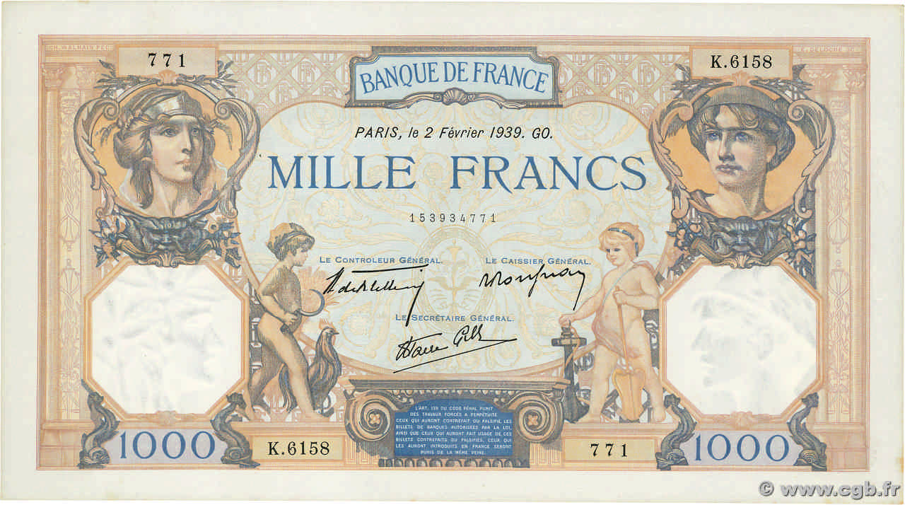 1000 Francs CÉRÈS ET MERCURE type modifié FRANCIA  1939 F.38.34 SC