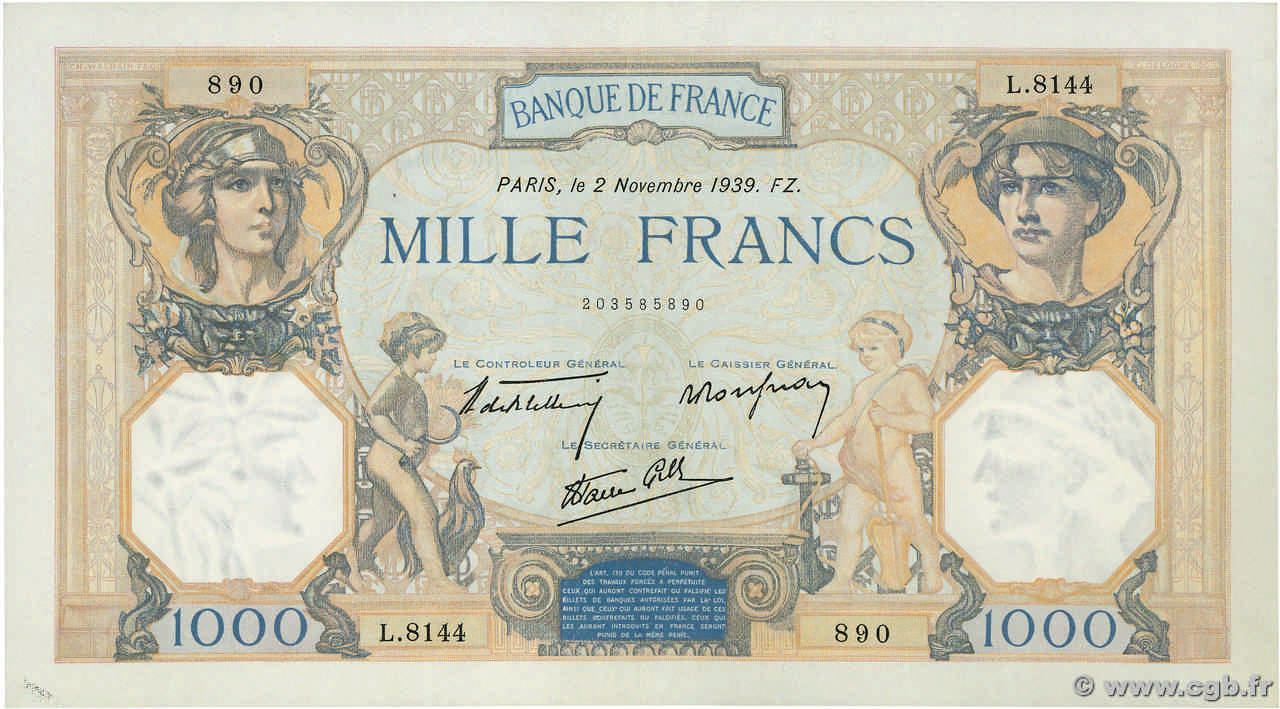 1000 Francs CÉRÈS ET MERCURE type modifié FRANCE  1939 F.38.38 XF+