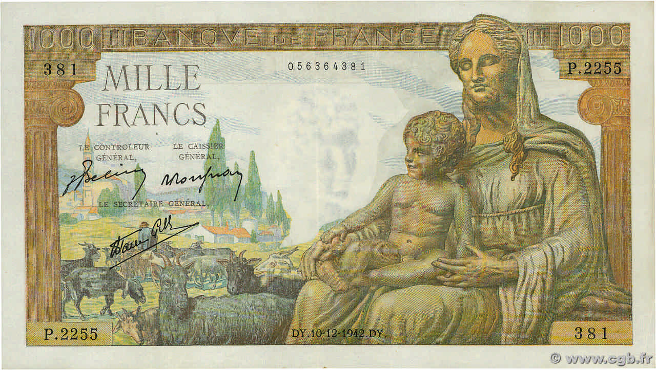 1000 Francs DÉESSE DÉMÉTER FRANCE  1942 F.40.13 pr.SUP
