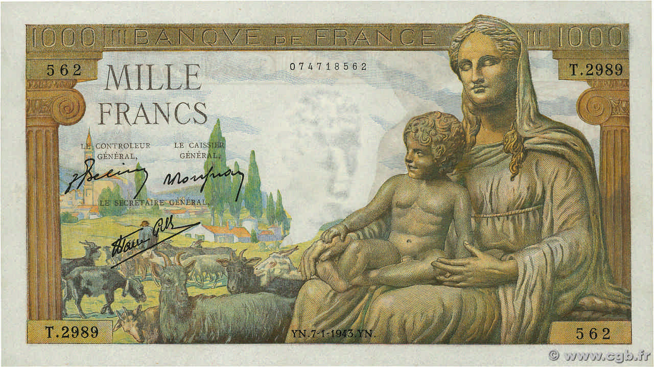 1000 Francs DÉESSE DÉMÉTER FRANCIA  1943 F.40.15 AU+
