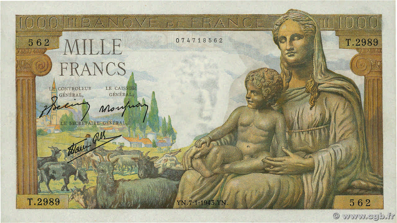 1000 Francs DÉESSE DÉMÉTER FRANKREICH  1943 F.40.15 fST+