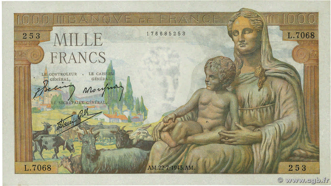 1000 Francs DÉESSE DÉMÉTER FRANCE  1943 F.40.31 TTB+