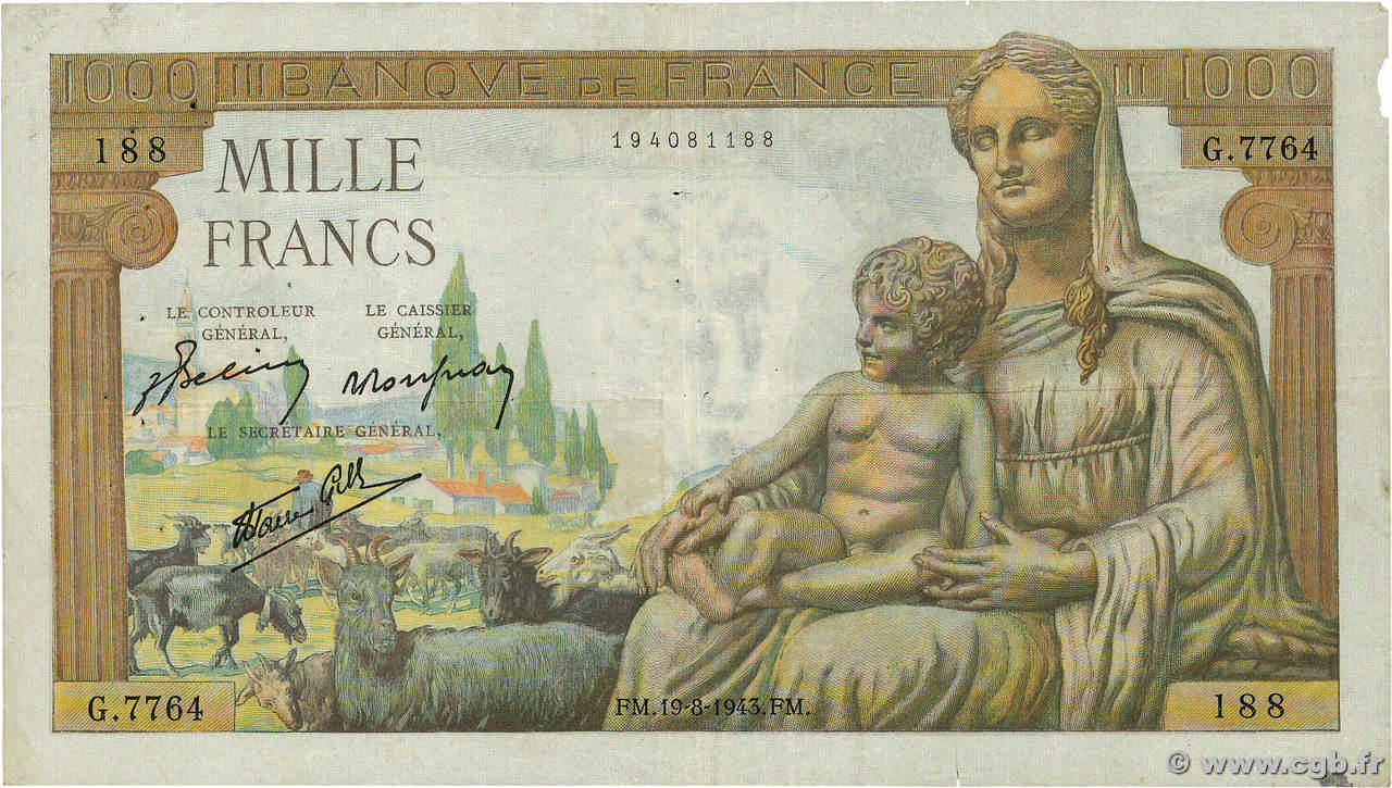 1000 Francs DÉESSE DÉMÉTER FRANCIA  1943 F.40.33 BC+