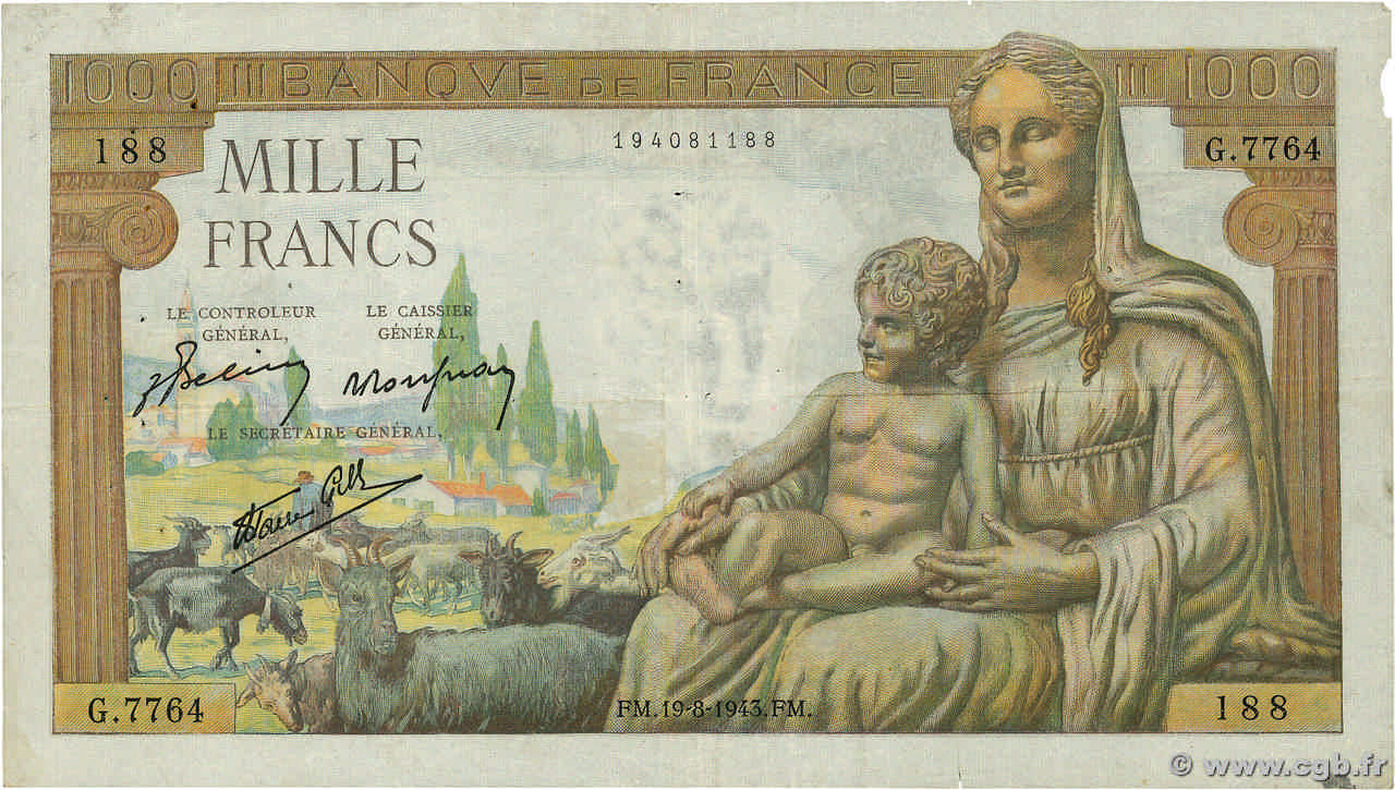 1000 Francs DÉESSE DÉMÉTER FRANCIA  1943 F.40.33 q.BB