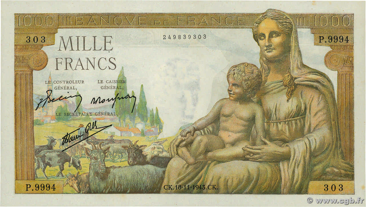 1000 Francs DÉESSE DÉMÉTER FRANCIA  1943 F.40.40 SC+