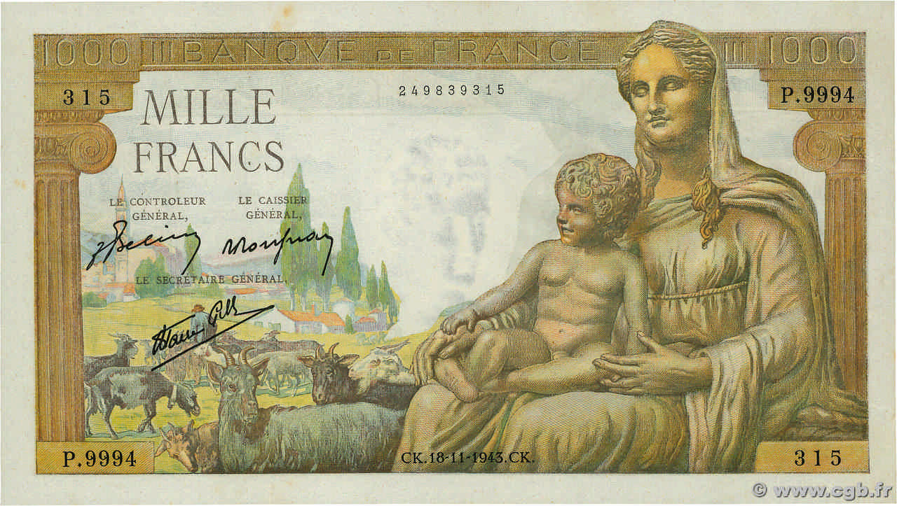 1000 Francs DÉESSE DÉMÉTER FRANCIA  1943 F.40.40 AU+