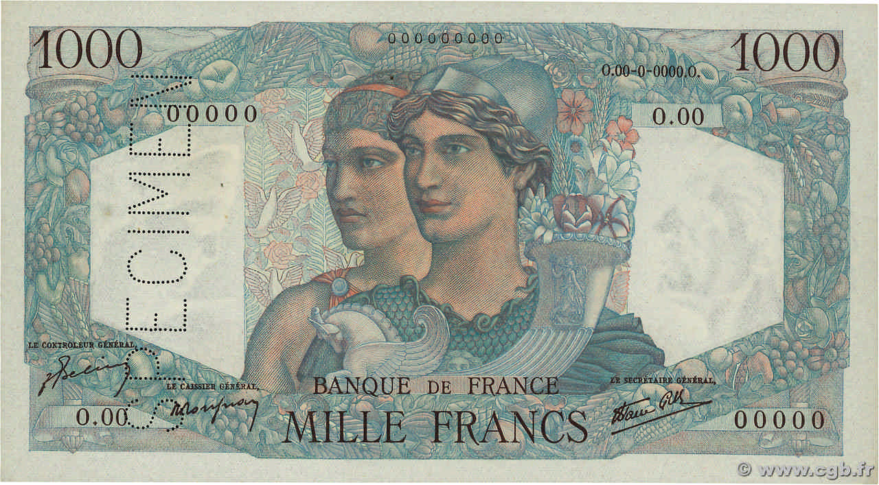1000 Francs MINERVE ET HERCULE Spécimen FRANCE  1945 F.41.01Sp1 UNC