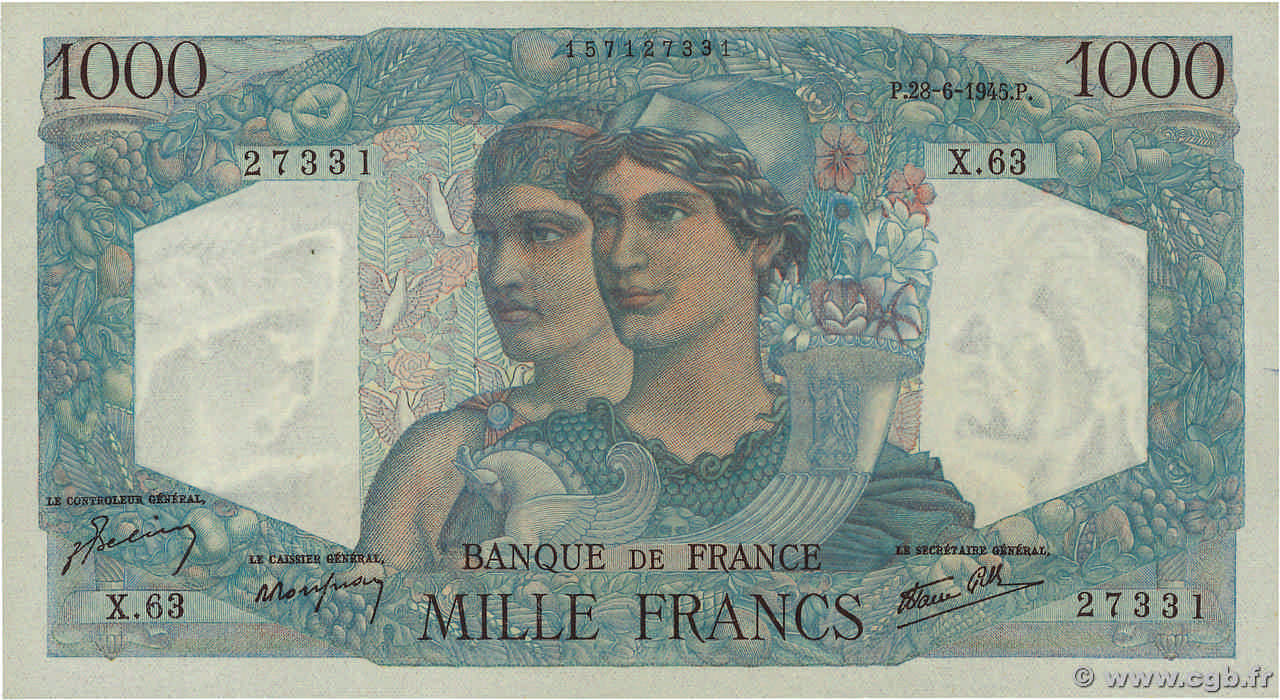 1000 Francs MINERVE ET HERCULE FRANCE  1945 F.41.05 NEUF